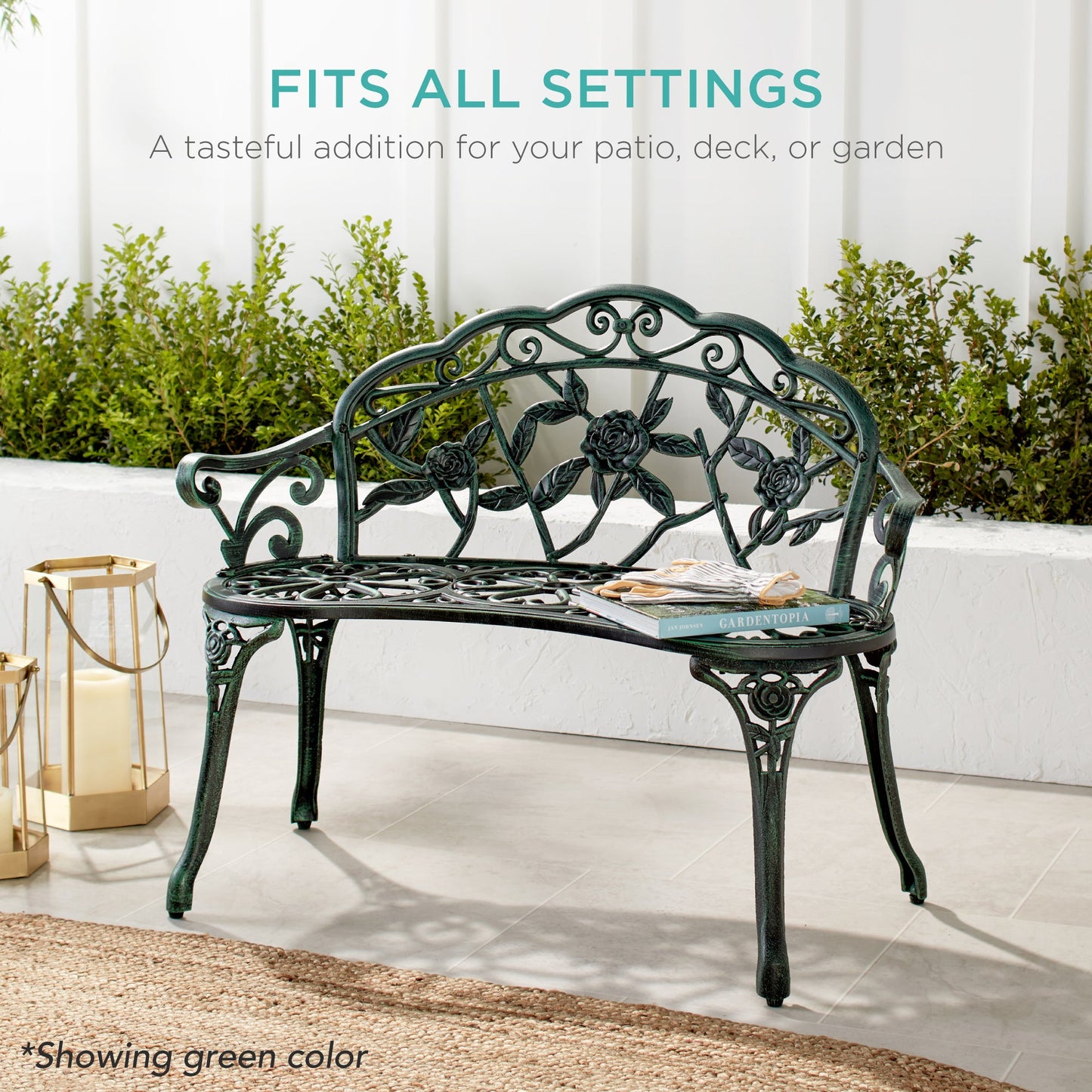 Steel Garden Bench Outdoor Patio Furniture w/ Floral Rose Accent - 39in