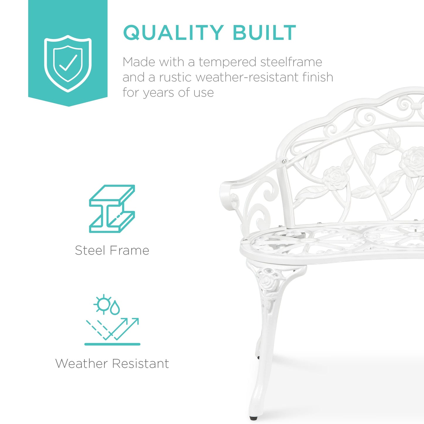 Steel Garden Bench Outdoor Patio Furniture w/ Floral Rose Accent - 39in