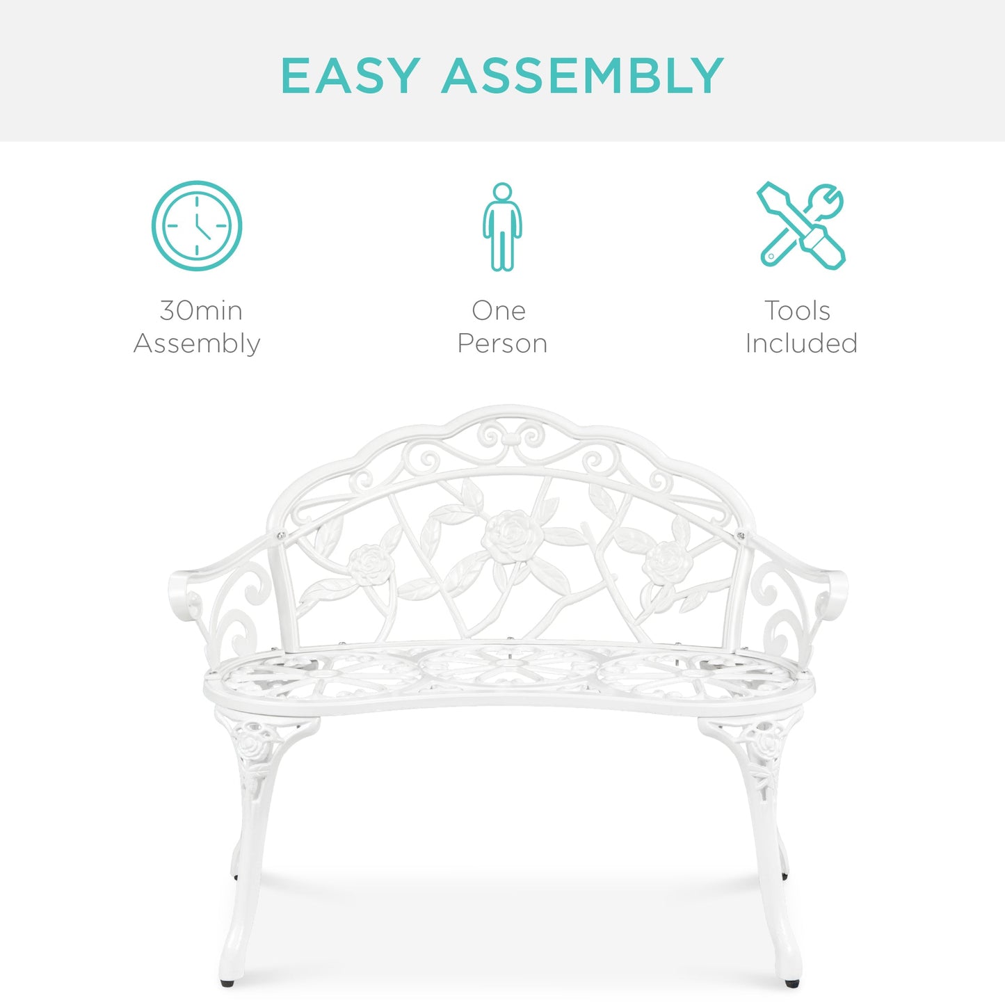 Steel Garden Bench Outdoor Patio Furniture w/ Floral Rose Accent - 39in