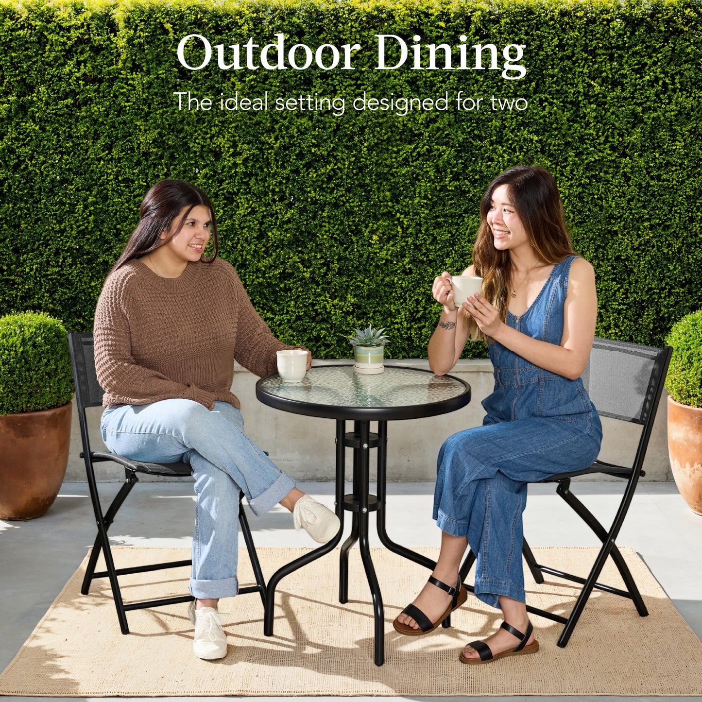 3-Piece Bistro Set w/ Glass Table, 2 Foldable Chairs