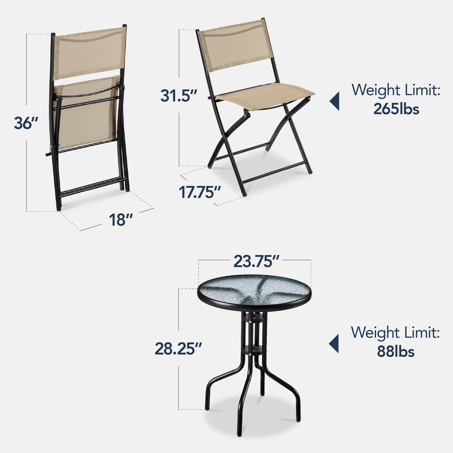 3-Piece Bistro Set w/ Glass Table, 2 Foldable Chairs