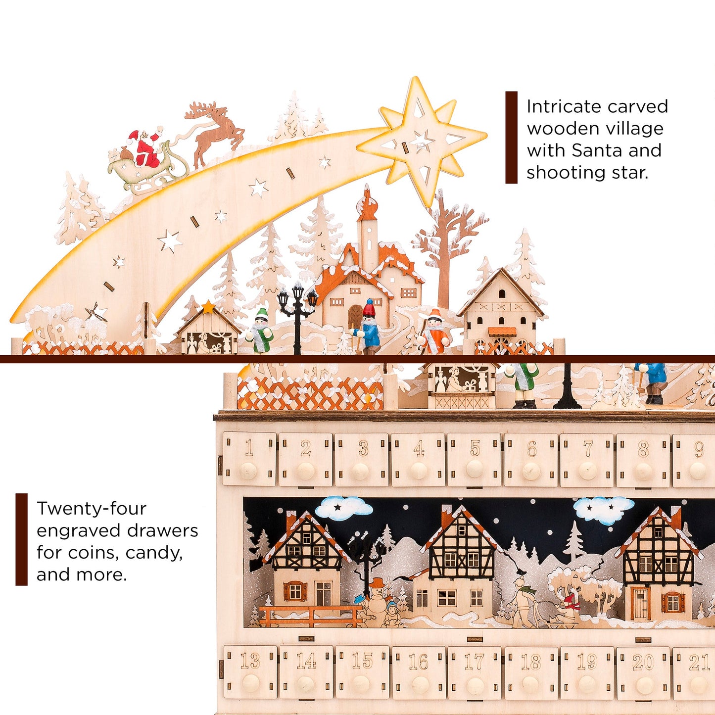Wooden Christmas Shooting Star Advent Calendar w/ LED Light Background