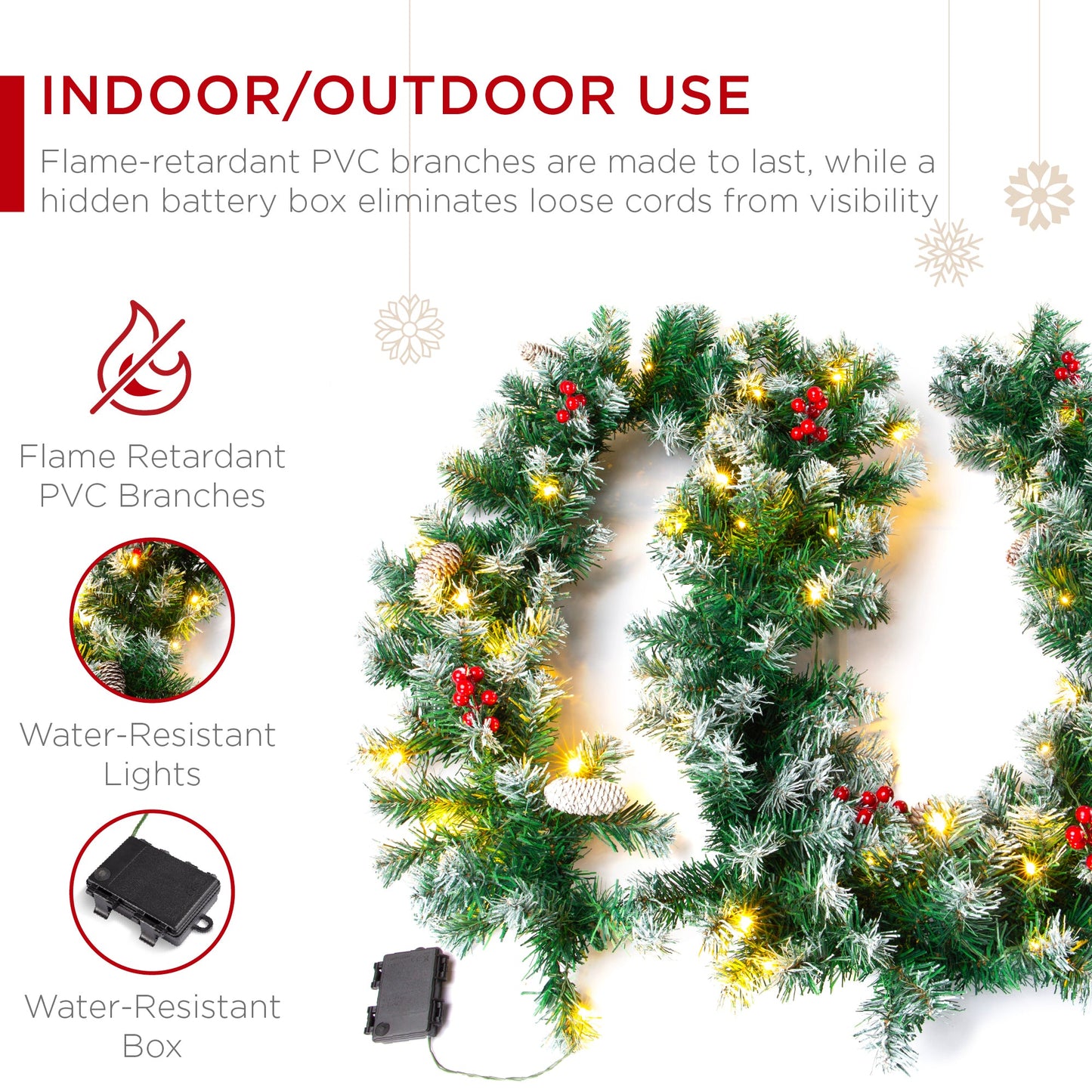 9ft Pre-Lit Christmas Garland w/ 50 Lights, Pine Cones, Berries