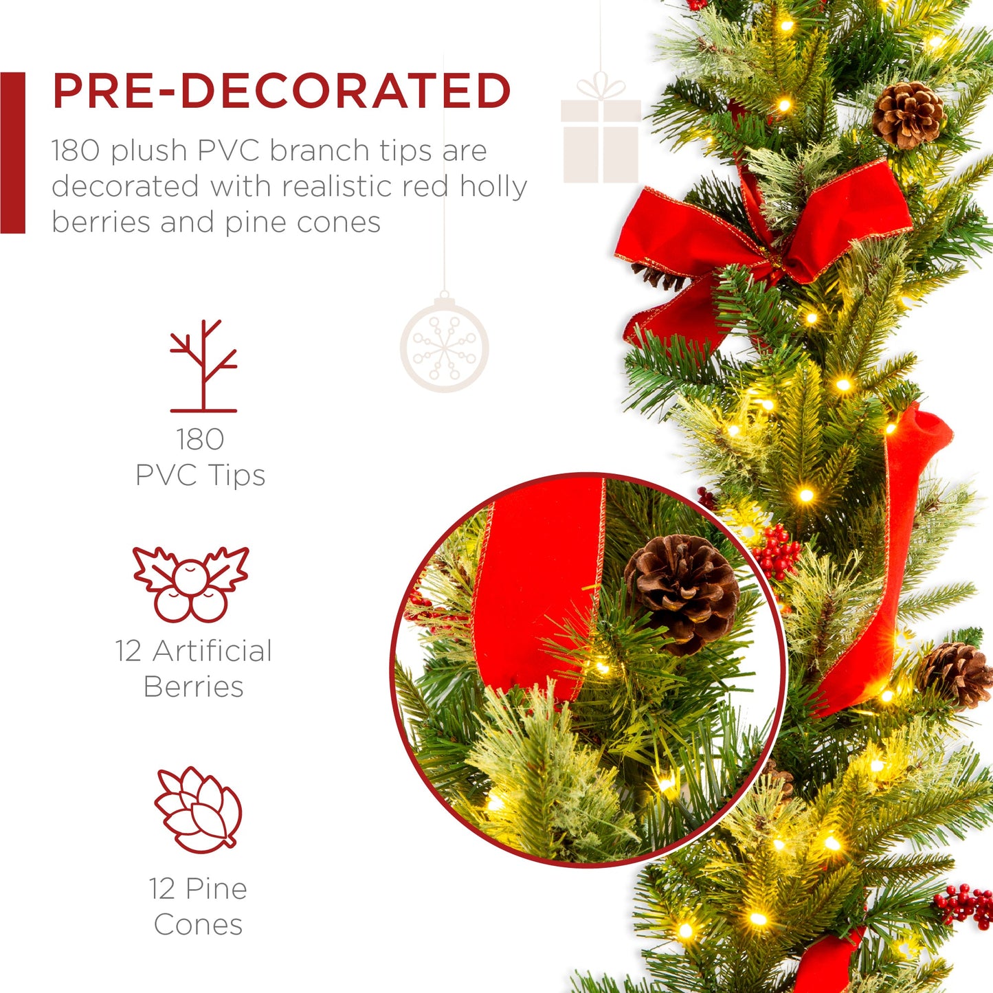 9ft Pre-Lit Christmas Garland w/ 50 Lights, Pine Cones, Berries