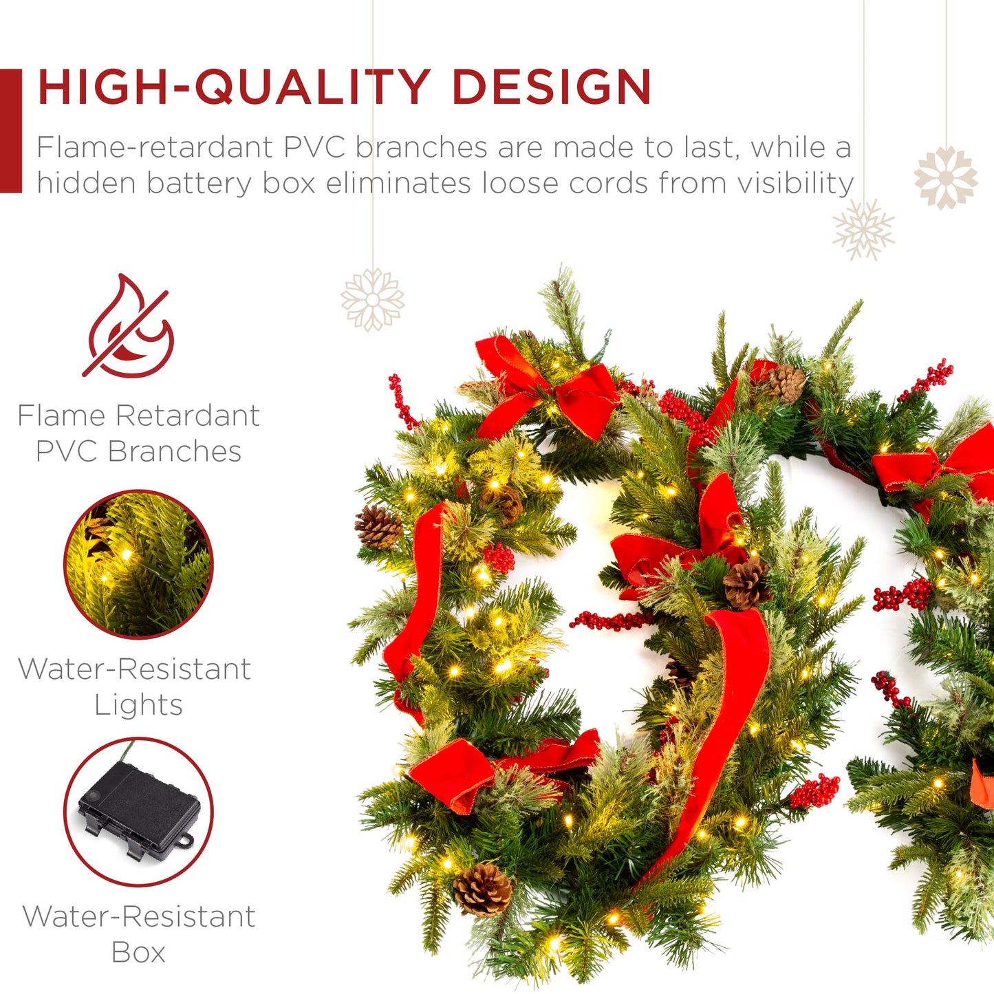 9ft Pre-Lit Christmas Garland w/ 50 Lights, Pine Cones, Berries