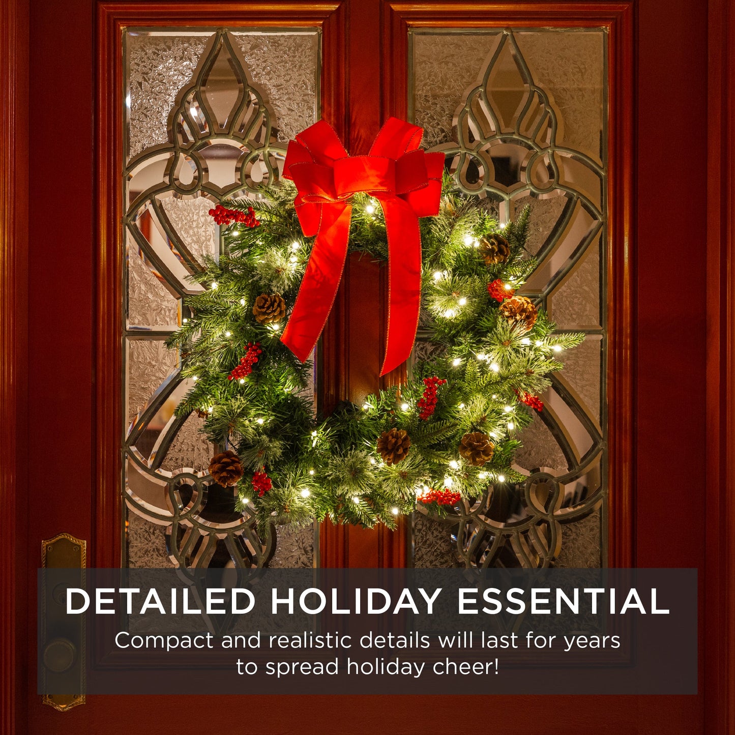Pre-Lit Battery Powered Christmas Wreath w/ Lights, PVC Tips, Ribbon