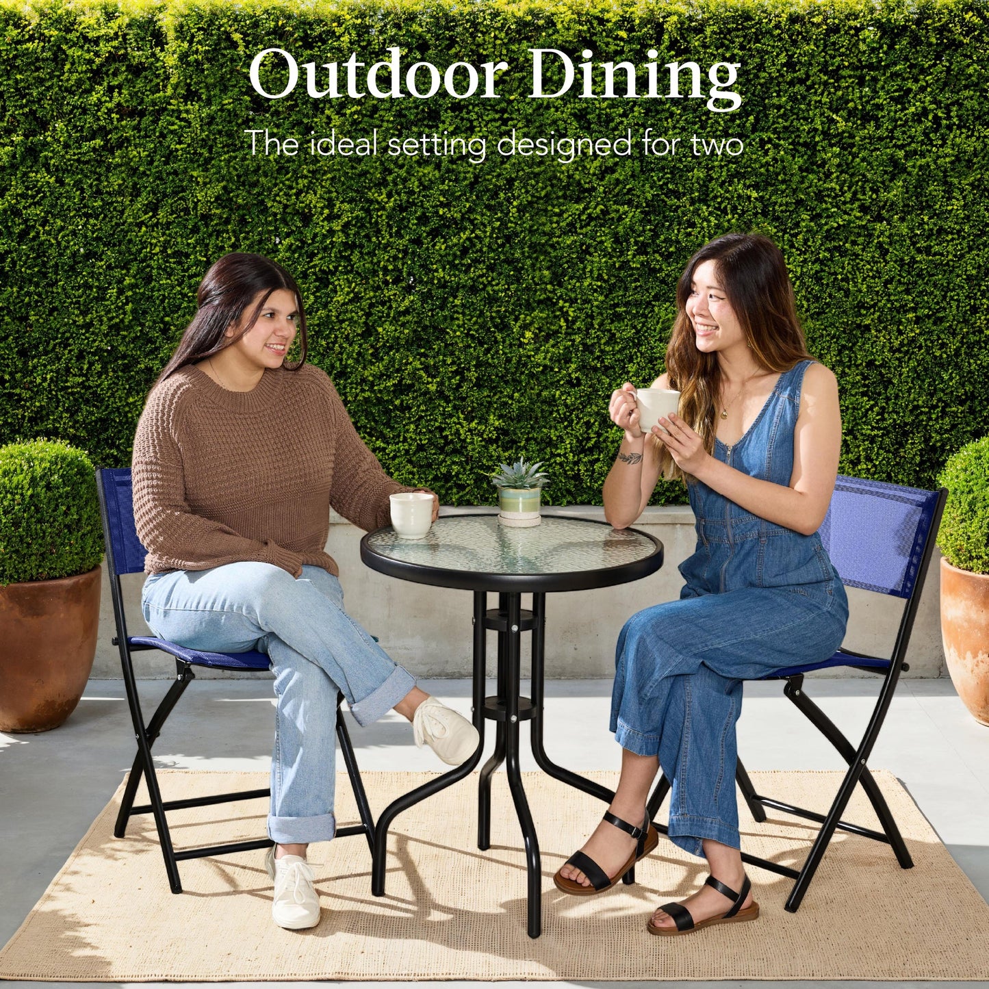 3-Piece Bistro Set w/ Glass Table, 2 Foldable Chairs