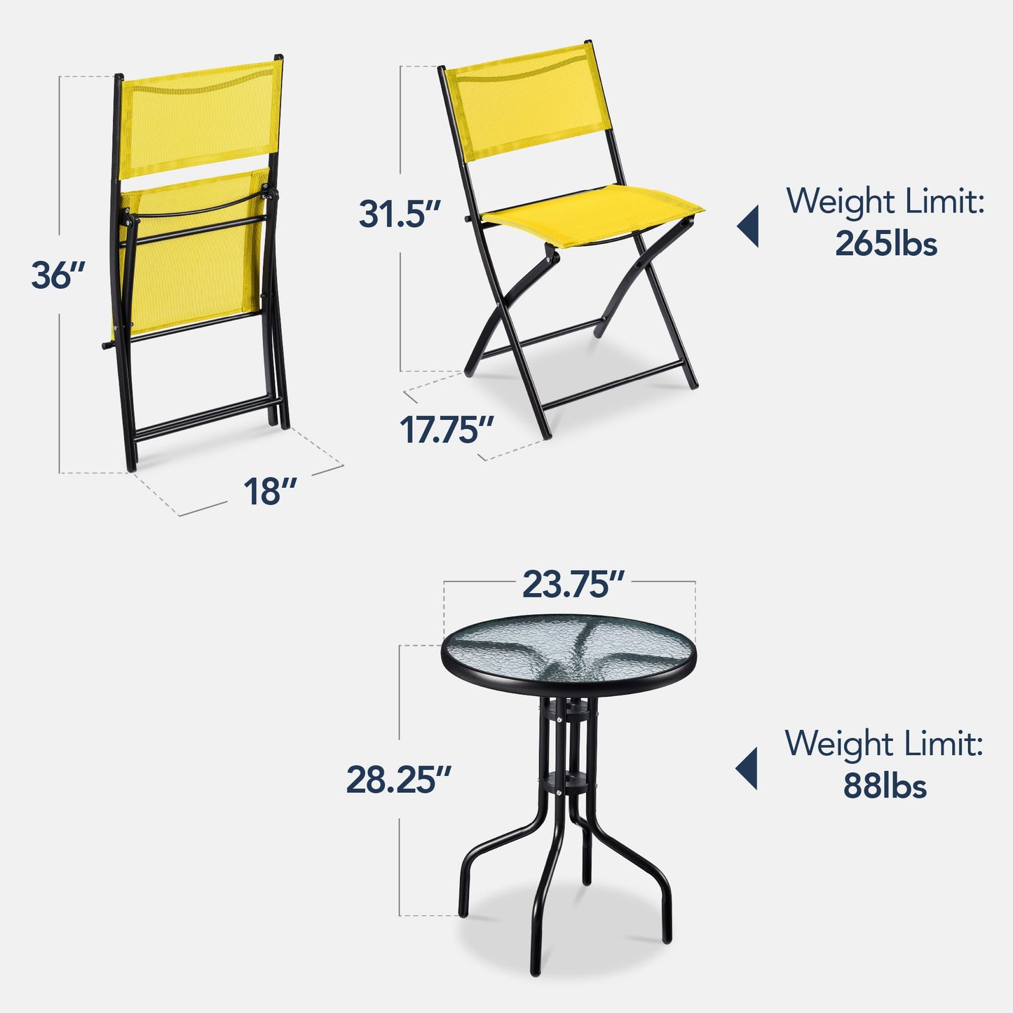 3-Piece Bistro Set w/ Glass Table, 2 Foldable Chairs
