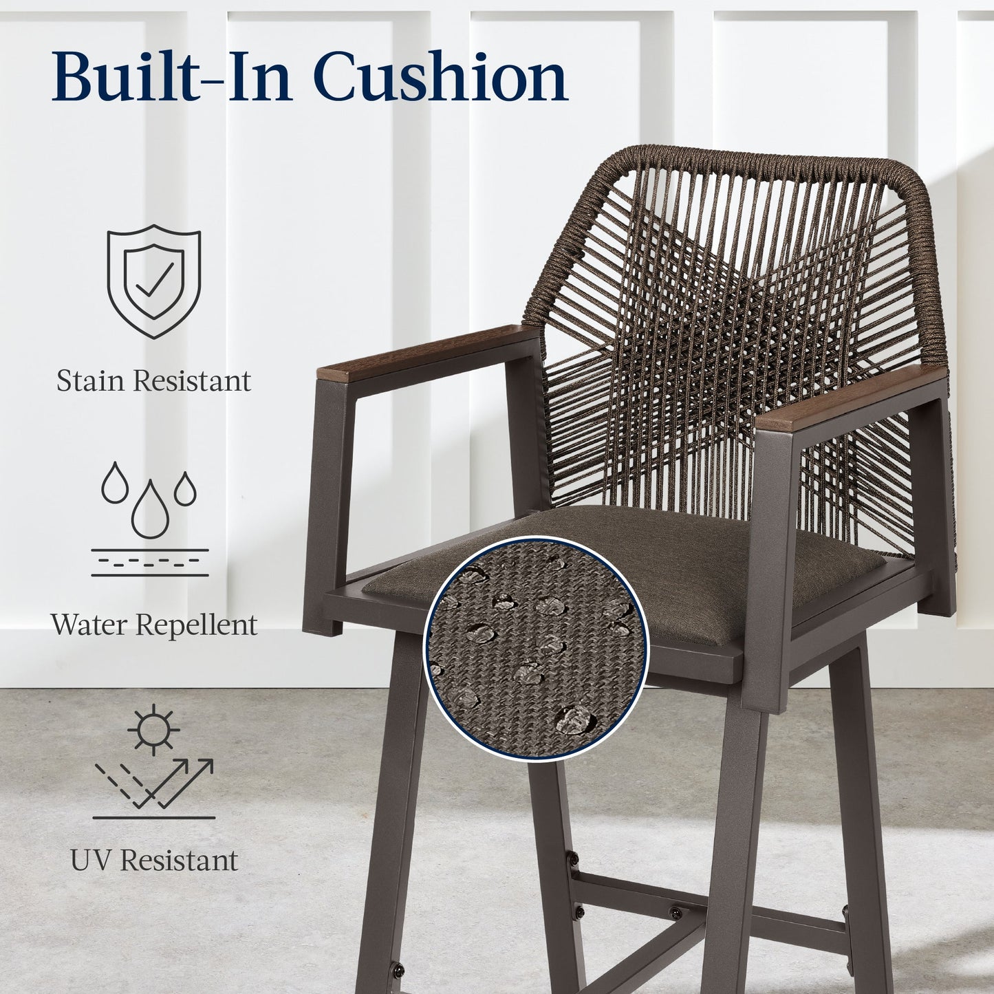 Set of 2 Indoor/Outdoor Aluminum Swivel Barstools with Arms All-Weather Rope