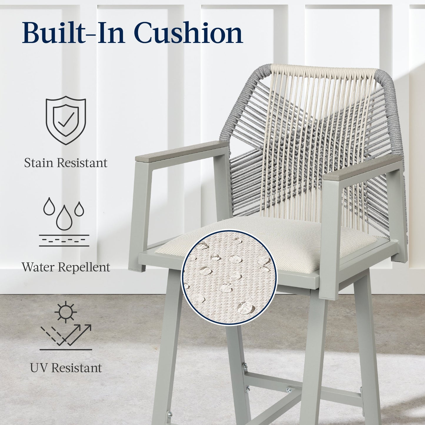 Set of 2 Indoor/Outdoor Aluminum Swivel Barstools with Arms All-Weather Rope
