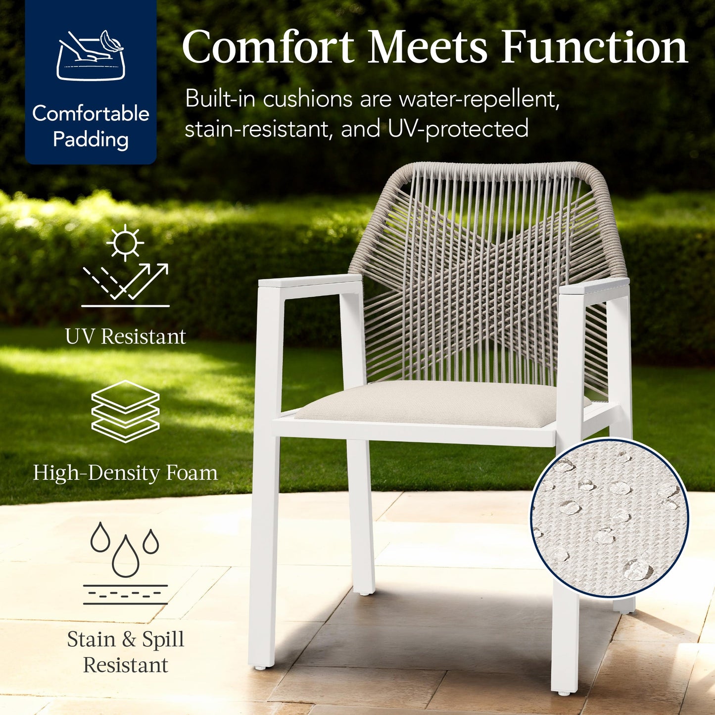 Set of 2 Indoor/Outdoor Aluminum Dining Chairs with Arms All-Weather Rope