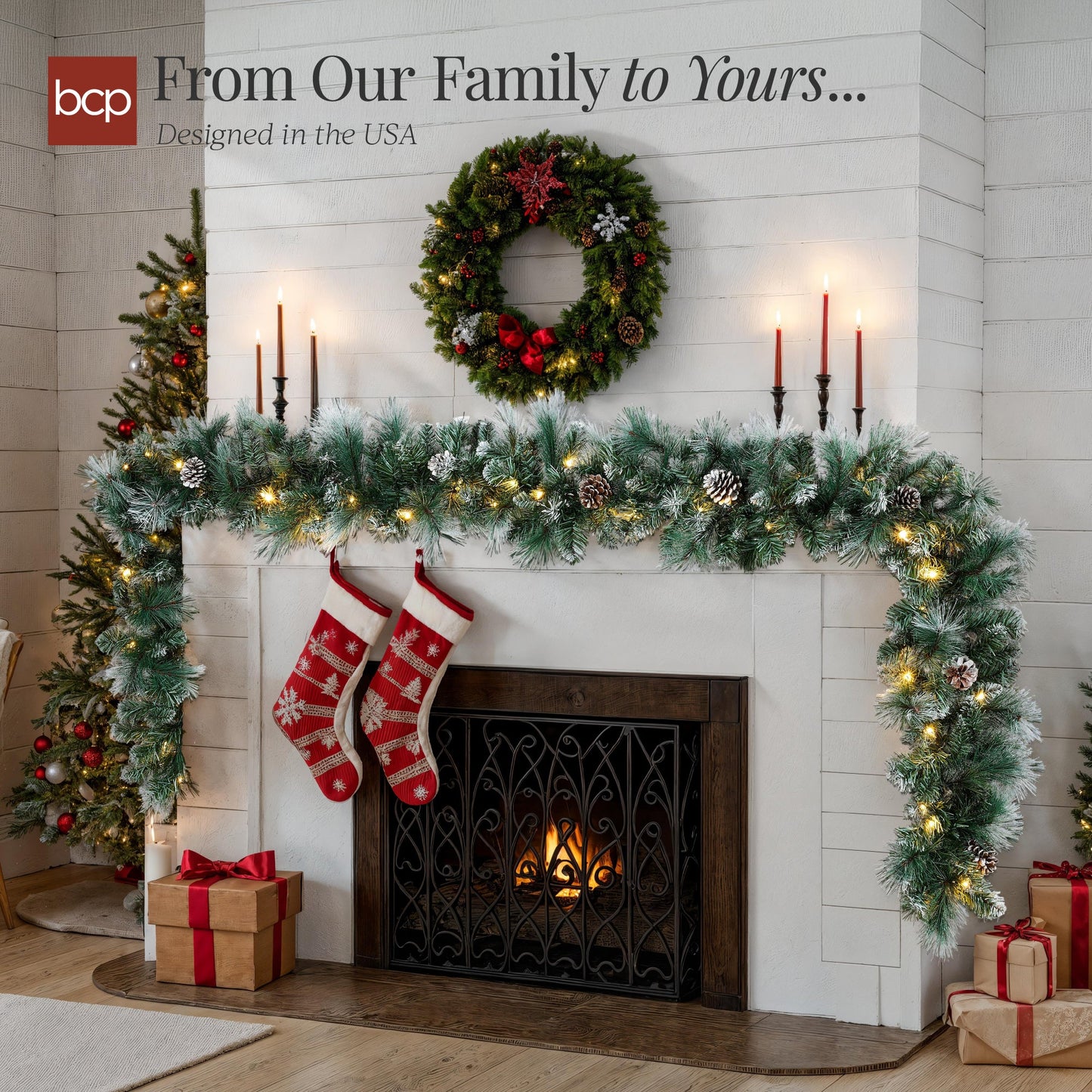 9ft Pre-Lit Christmas Garland w/ 50 Lights, Pine Cones, Berries