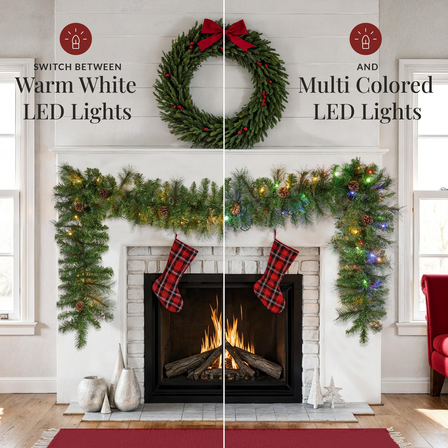 9ft Pre-Lit Christmas Garland w/ 50 Lights, Pine Cones, Berries