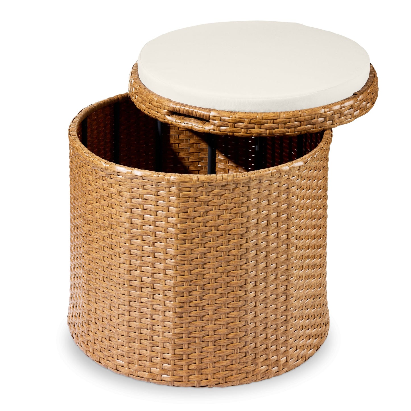 Round Wicker Ottoman, Multipurpose Furniture w/ Removable Cushion