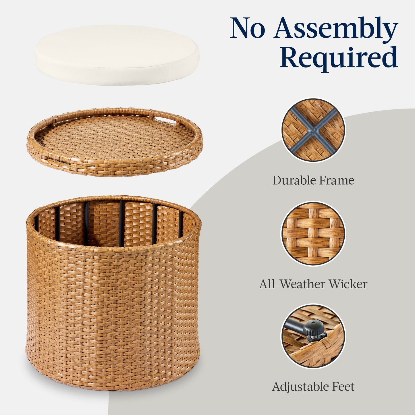Round Wicker Ottoman, Multipurpose Furniture w/ Removable Cushion