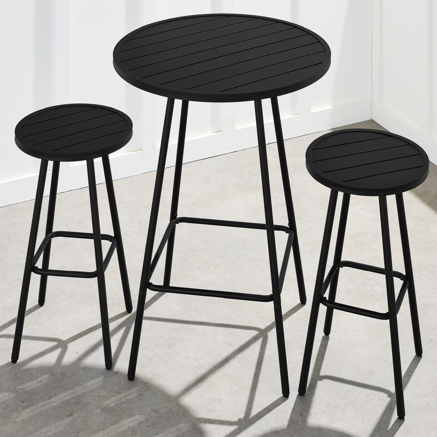 3-Piece Patio Bar Height Bistro Set w/ Backless Stools, Slatted Design