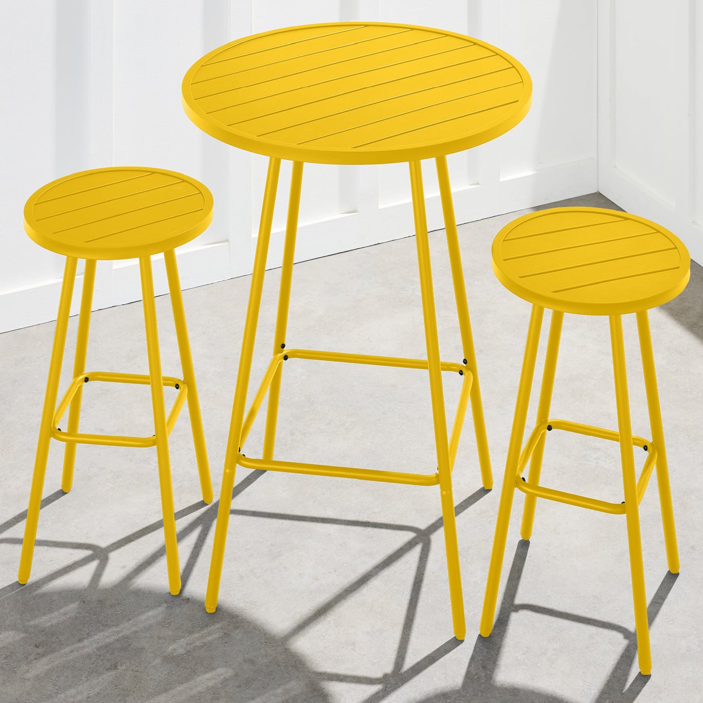 3-Piece Patio Bar Height Bistro Set w/ Backless Stools, Slatted Design