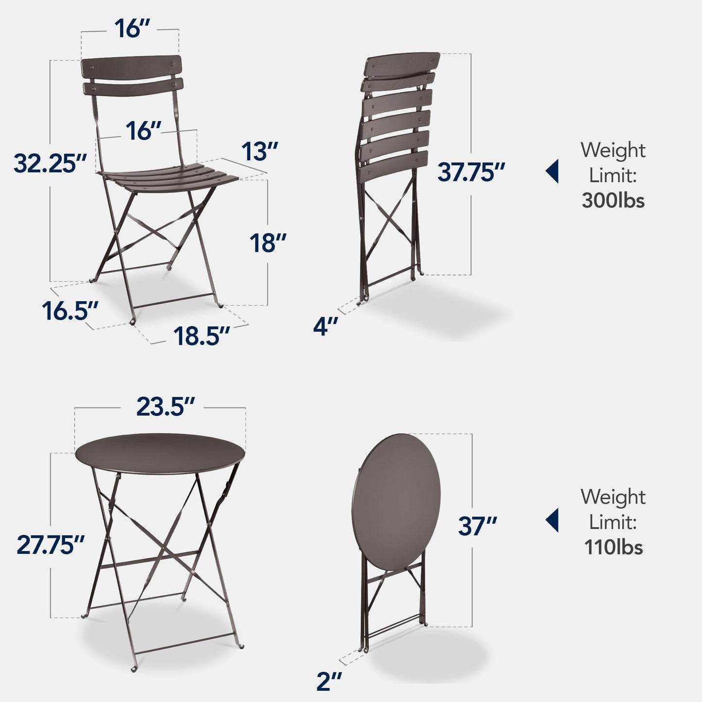 3-Piece Small Folding Patio Bistro Set w/ 2 Chairs