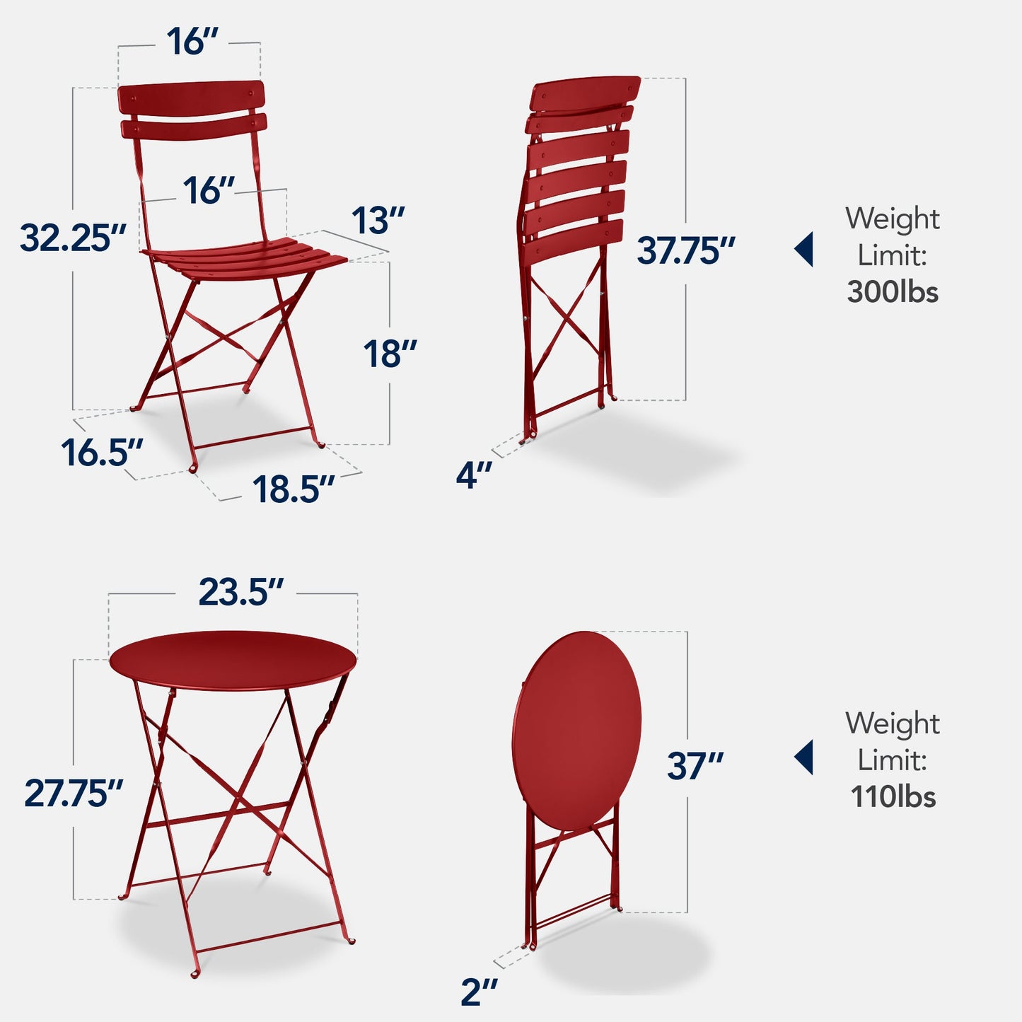 3-Piece Small Folding Patio Bistro Set w/ 2 Chairs