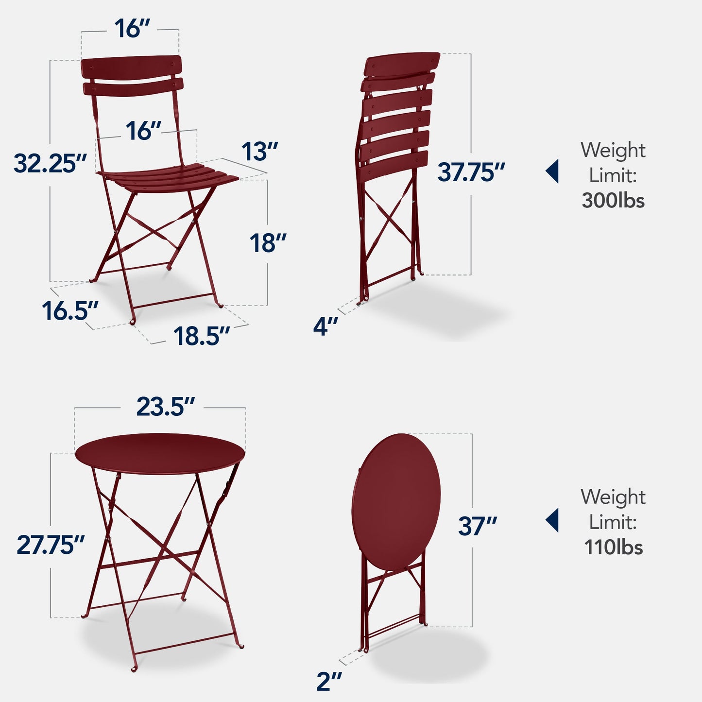 3-Piece Small Folding Patio Bistro Set w/ 2 Chairs
