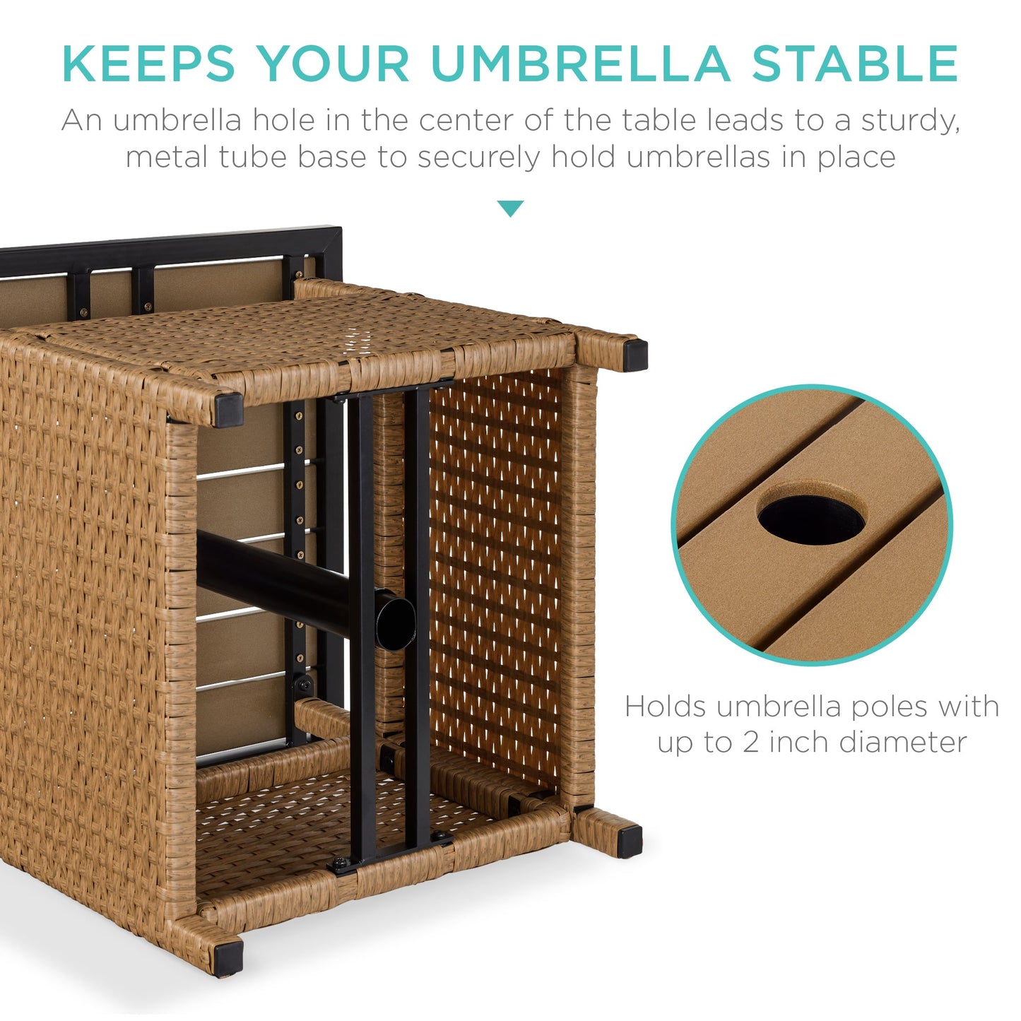 Outdoor Wicker Patio Side Table Accent Furniture w/ Umbrella Hole