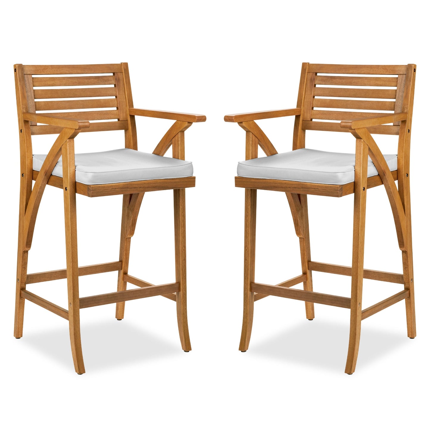 Set of 2 Outdoor Acacia Wood Bar Stools Chairs w/ Weather-Resistant Cushions