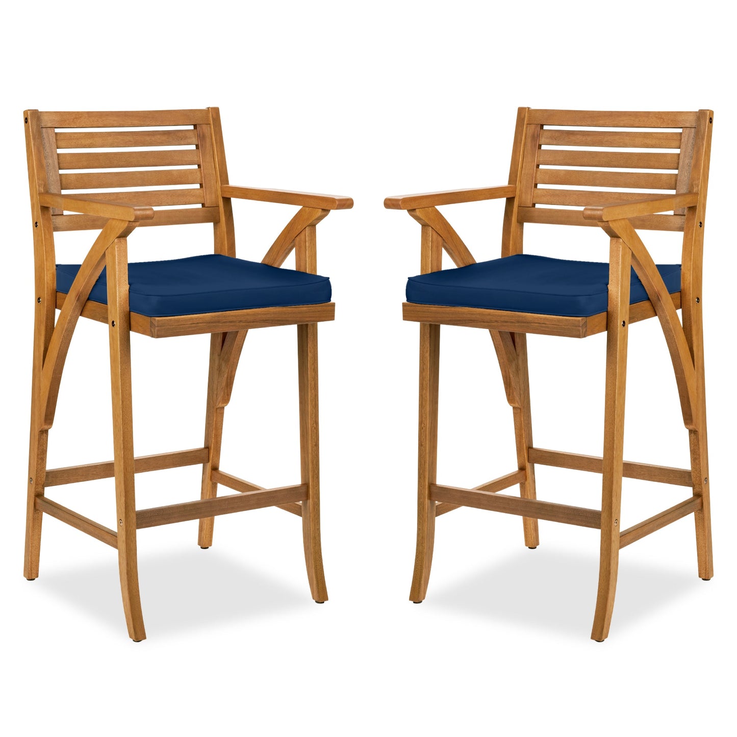 Set of 2 Outdoor Acacia Wood Bar Stools Chairs w/ Weather-Resistant Cushions
