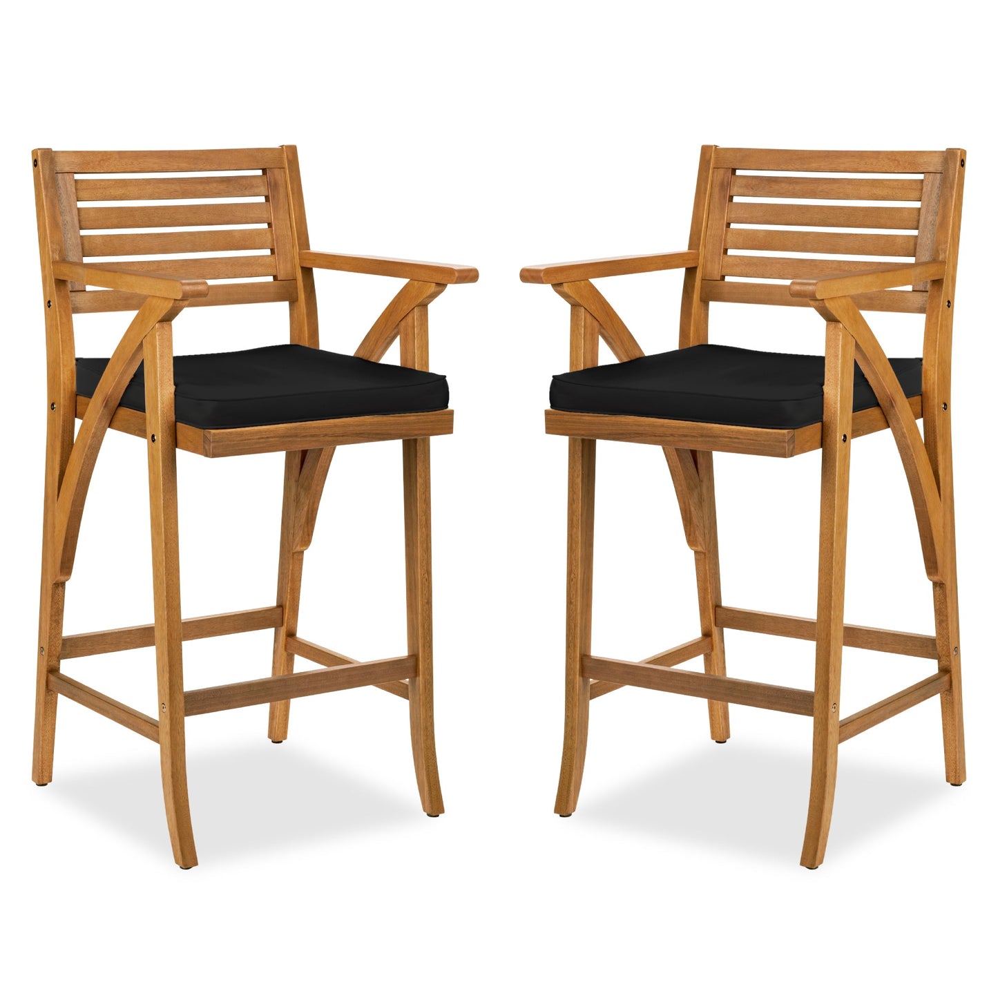 Set of 2 Outdoor Acacia Wood Bar Stools Chairs w/ Weather-Resistant Cushions