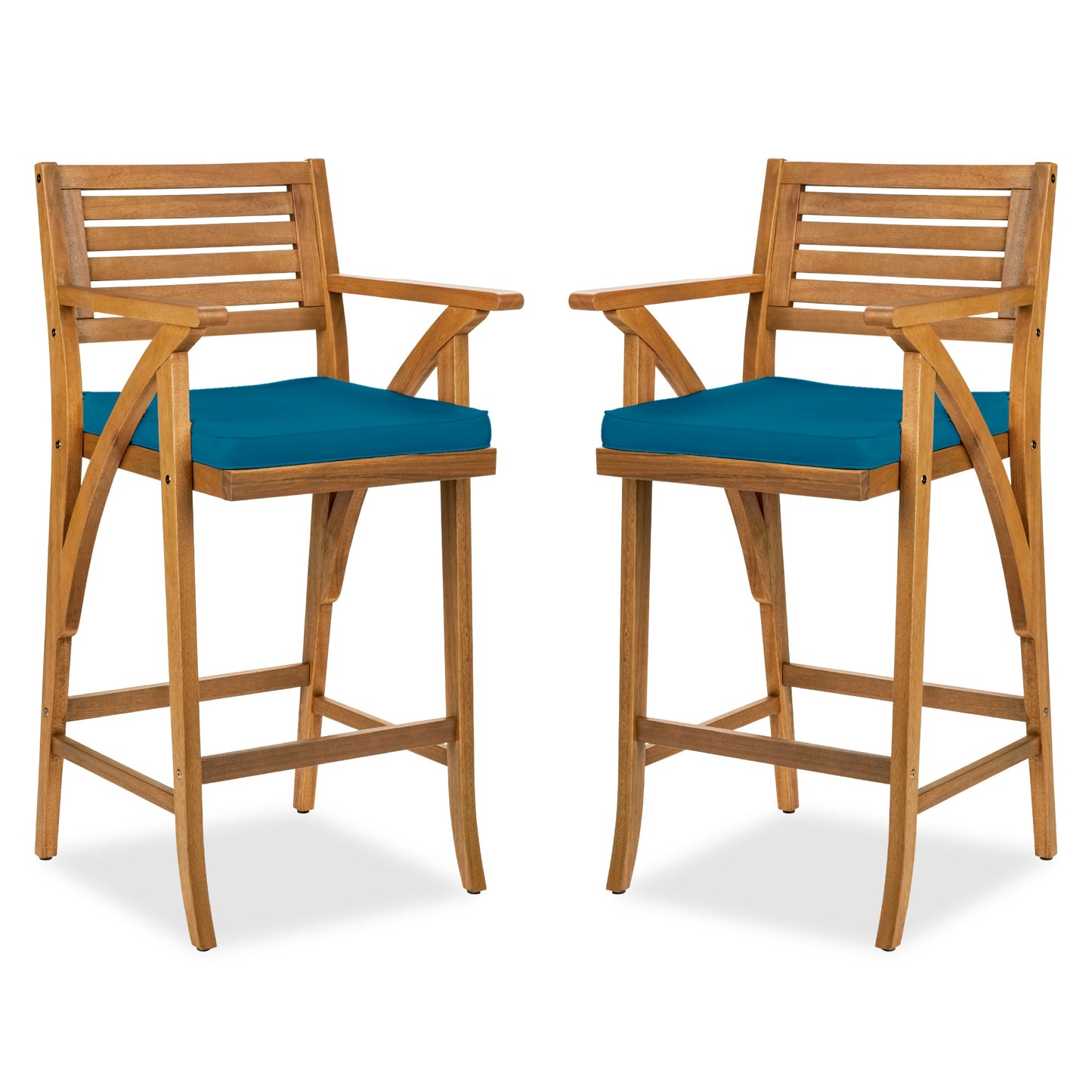 Set of 2 Outdoor Acacia Wood Bar Stools Chairs w/ Weather-Resistant Cushions