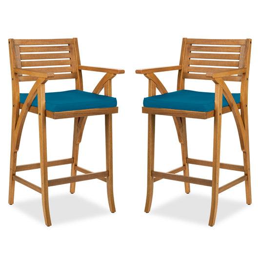 Set of 2 Outdoor Acacia Wood Bar Stools Chairs w/ Weather-Resistant Cushions