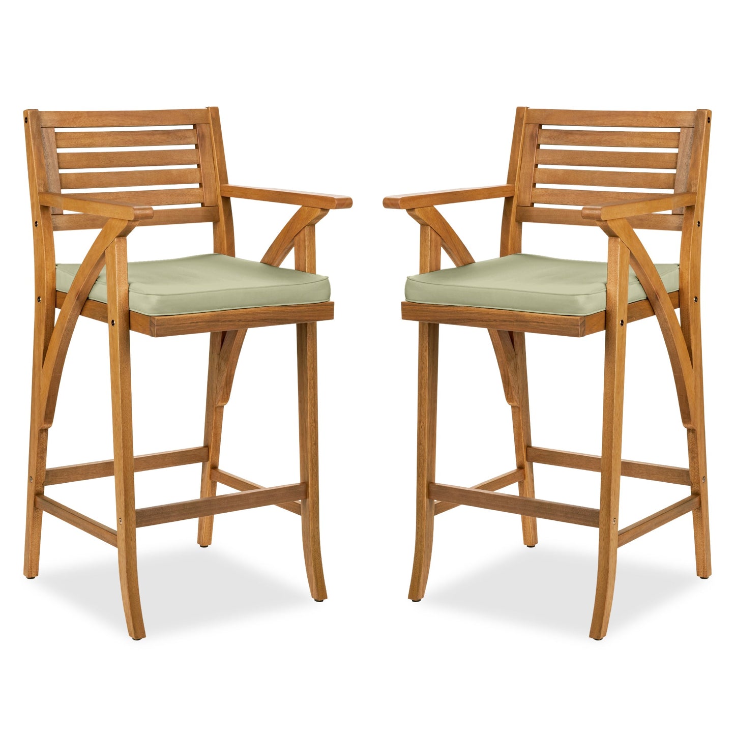 Set of 2 Outdoor Acacia Wood Bar Stools Chairs w/ Weather-Resistant Cushions