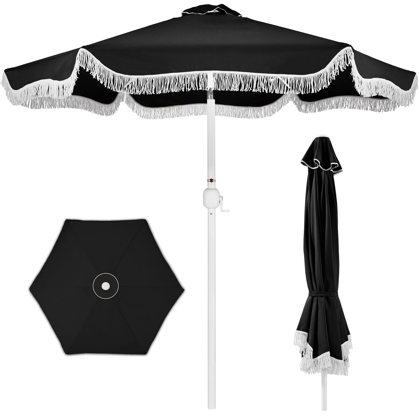 9ft Boho Fringe Umbrella Tilt, UPF50+, Steel Pole