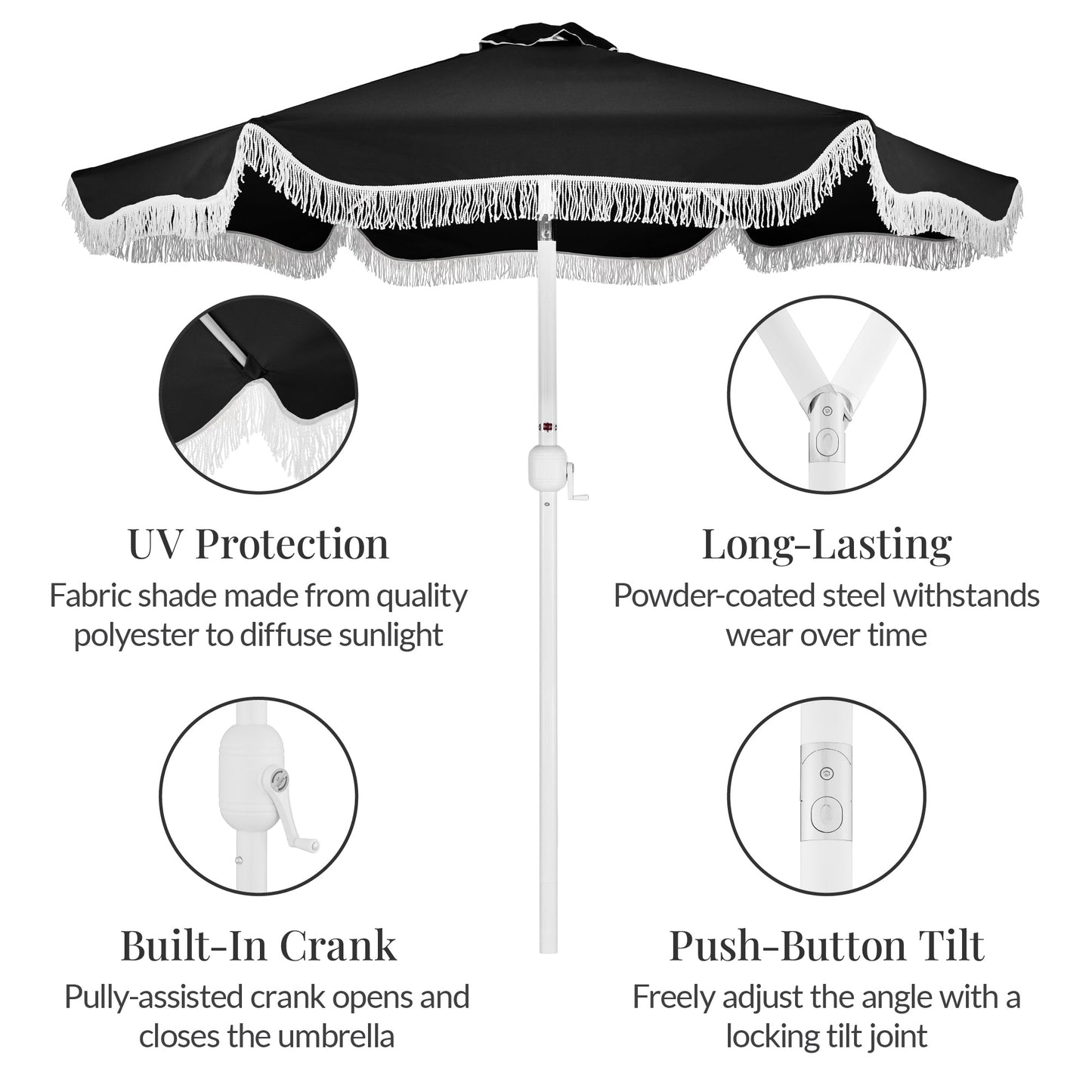 9ft Boho Fringe Umbrella Tilt, UPF50+, Steel Pole