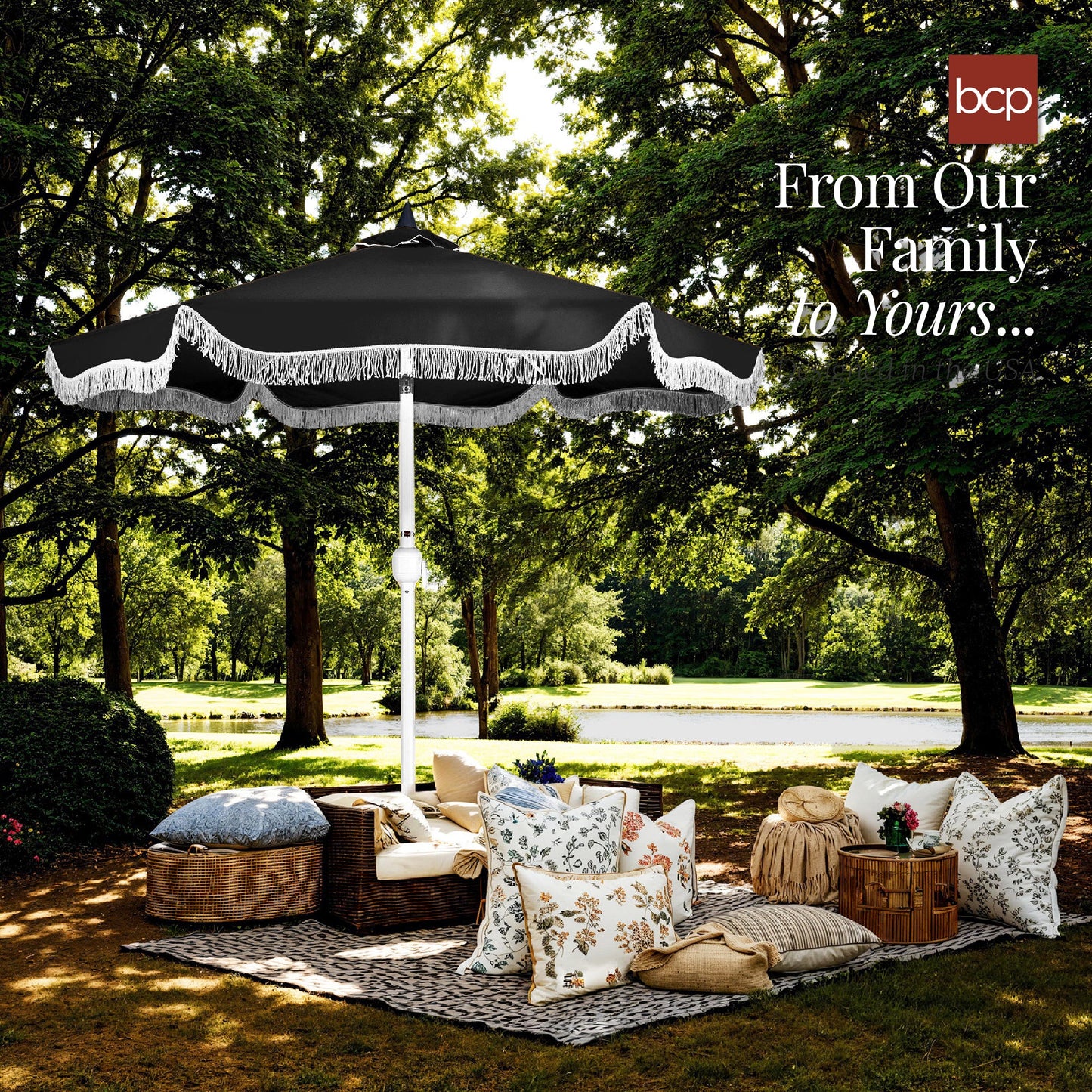 9ft Boho Fringe Umbrella Tilt, UPF50+, Steel Pole