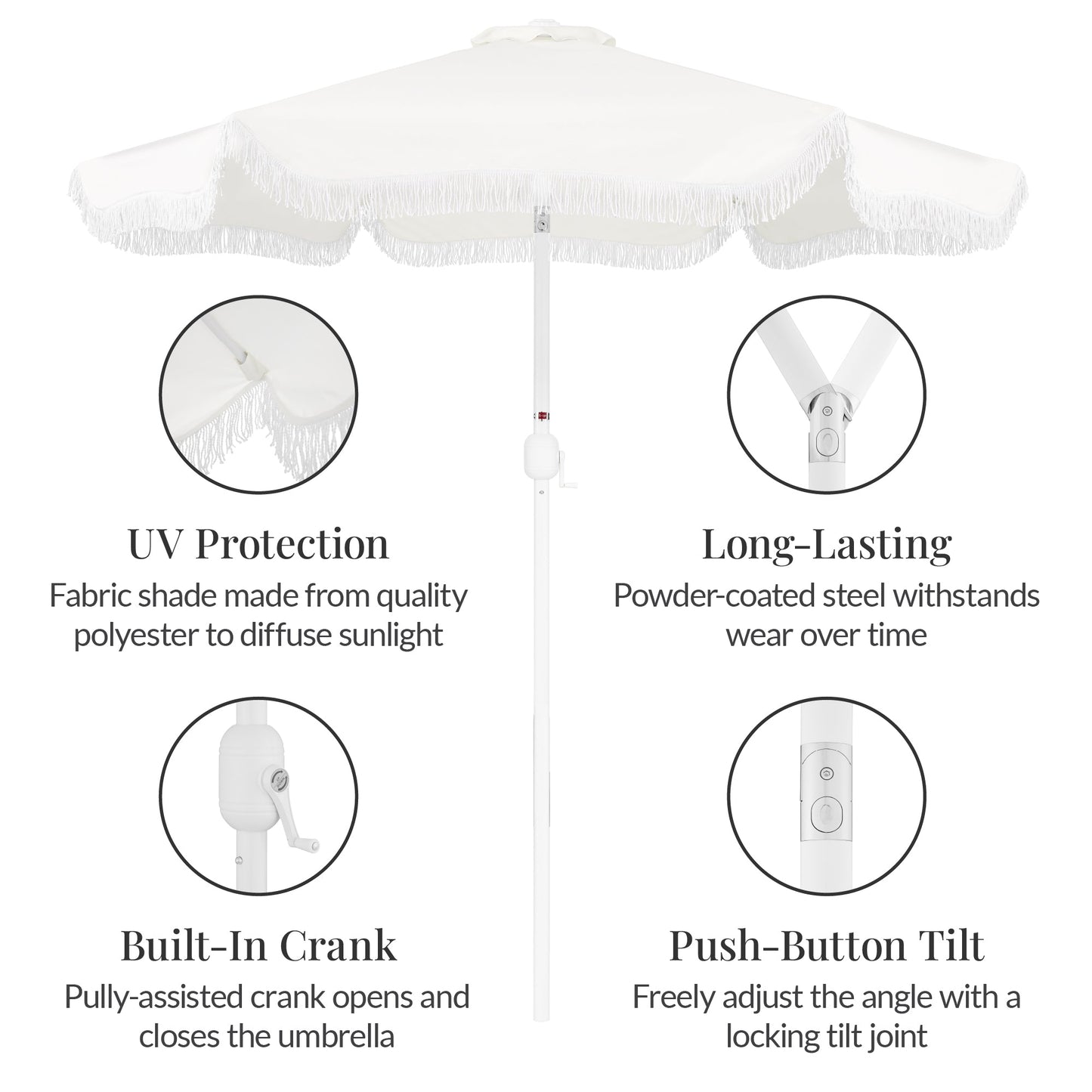9ft Boho Fringe Umbrella Tilt, UPF50+, Steel Pole