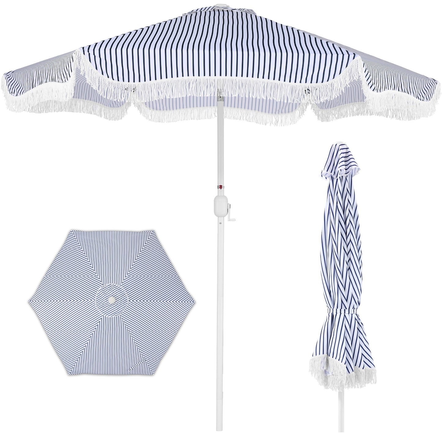 9ft Boho Fringe Umbrella Tilt, UPF50+, Steel Pole