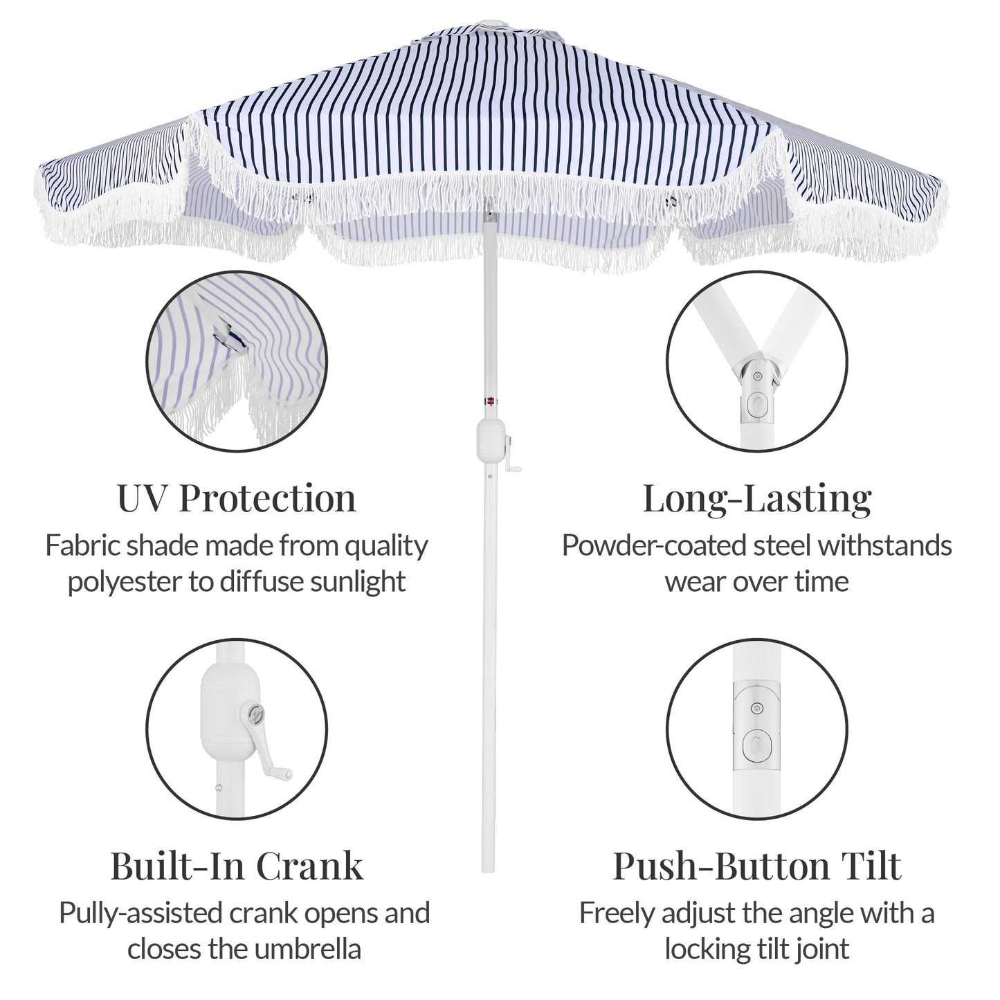 9ft Boho Fringe Umbrella Tilt, UPF50+, Steel Pole