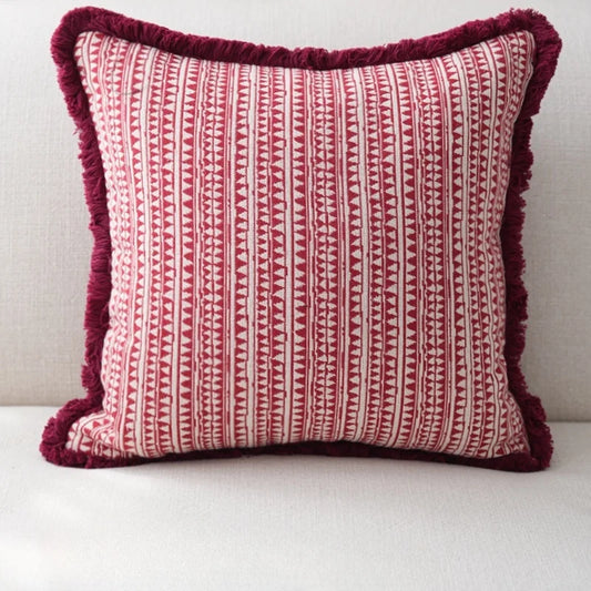 Luxurious Textured Burgundy Geometric Cushion Cover with Plush Frill Detail - 3 Sizes