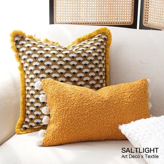 Modern Decorative Yellow & Gold Retro Geometric Cushion Cover with Frill - 3 Sizes