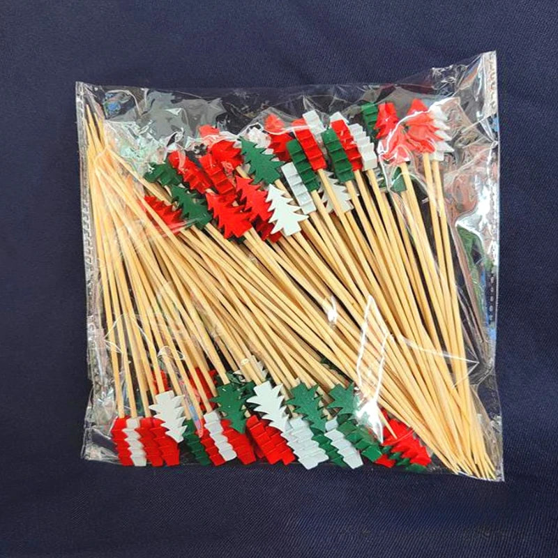 50pcs Christmas Fruit & Dessert Sticks – Bamboo Party Picks with Snowflake, Tree, Elk, Santa & Snowman Designs