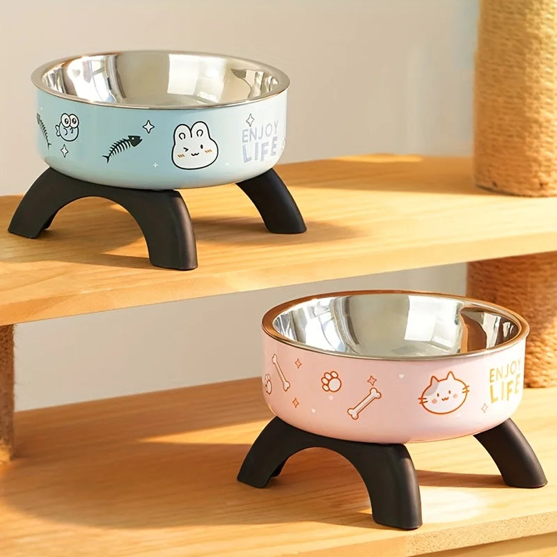 Cartoon Raised Cat Bowl – Anti-Tip Pet Feeding Dish for Cats & Small Dogs with Neck Protection Design