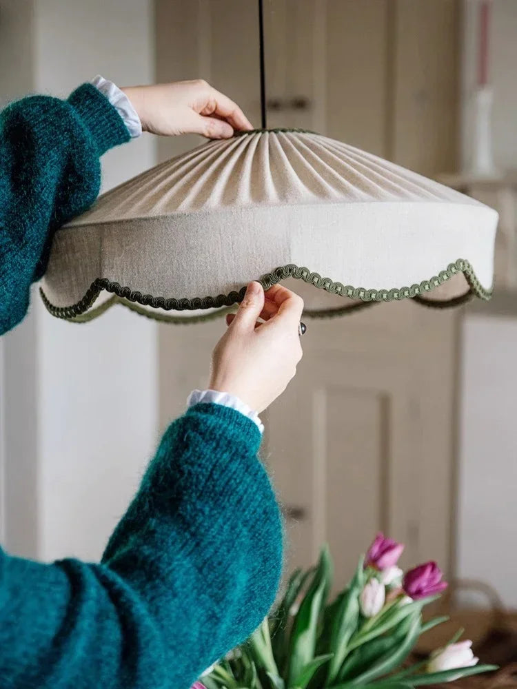 Modern Wabi Sabi Handmade Pendant Light with Green Scalloped Stitching - 3 Sizes