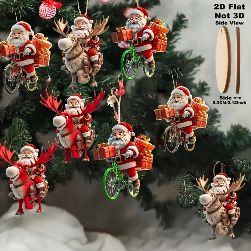 Christmas Wooden Santa Ornaments – 8/16/24pcs 2D Flat Bicycle Pendant Tree Decorations & Holiday Gift Set