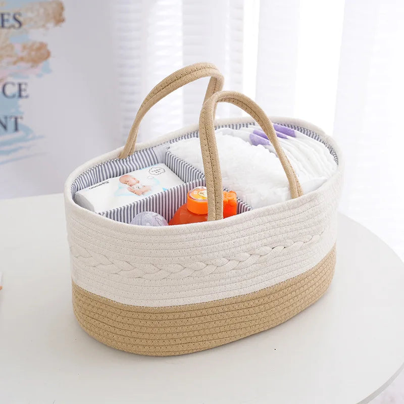 Multifunctional Cotton Nappy Caddy Storage Basket with Handles - Beige, Grey & Brown
