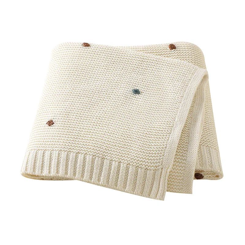 Knitted Cotton Swaddle Blanket for Baby with Colourful Knot Detail - Ivory, Beige, Pink & Bluish Grey