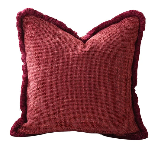 Modern Decorative Burgundy Red Geometric Plush Cushion Cover with Frill - 3 Sizes