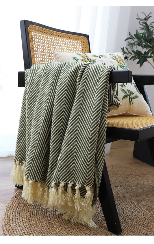Traditional Luxury Geometric Knitted Blanket Throw With Tassels - Green, Beige & Yellow