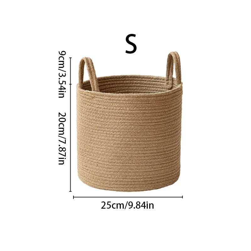 Handmade Round Woven Cotton Rope Foldable Basket with Handles - Beige & White