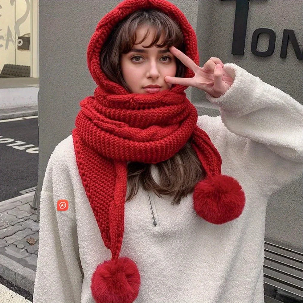 Women’s Winter Hat & Scarf Set – Thick Knit Beanie with Pom Pom & Ear Flaps, One-Piece Warm Bonnet for Cold Weather
