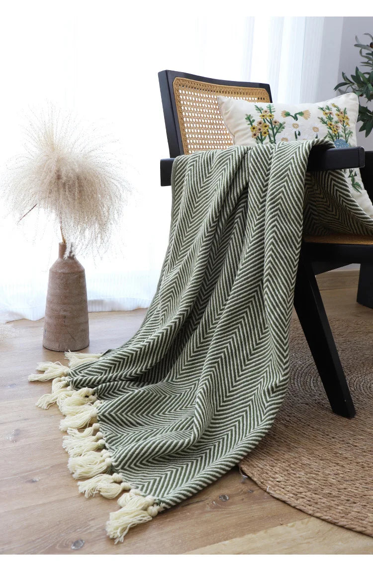 Traditional Luxury Geometric Knitted Blanket Throw With Tassels - Green, Beige & Yellow